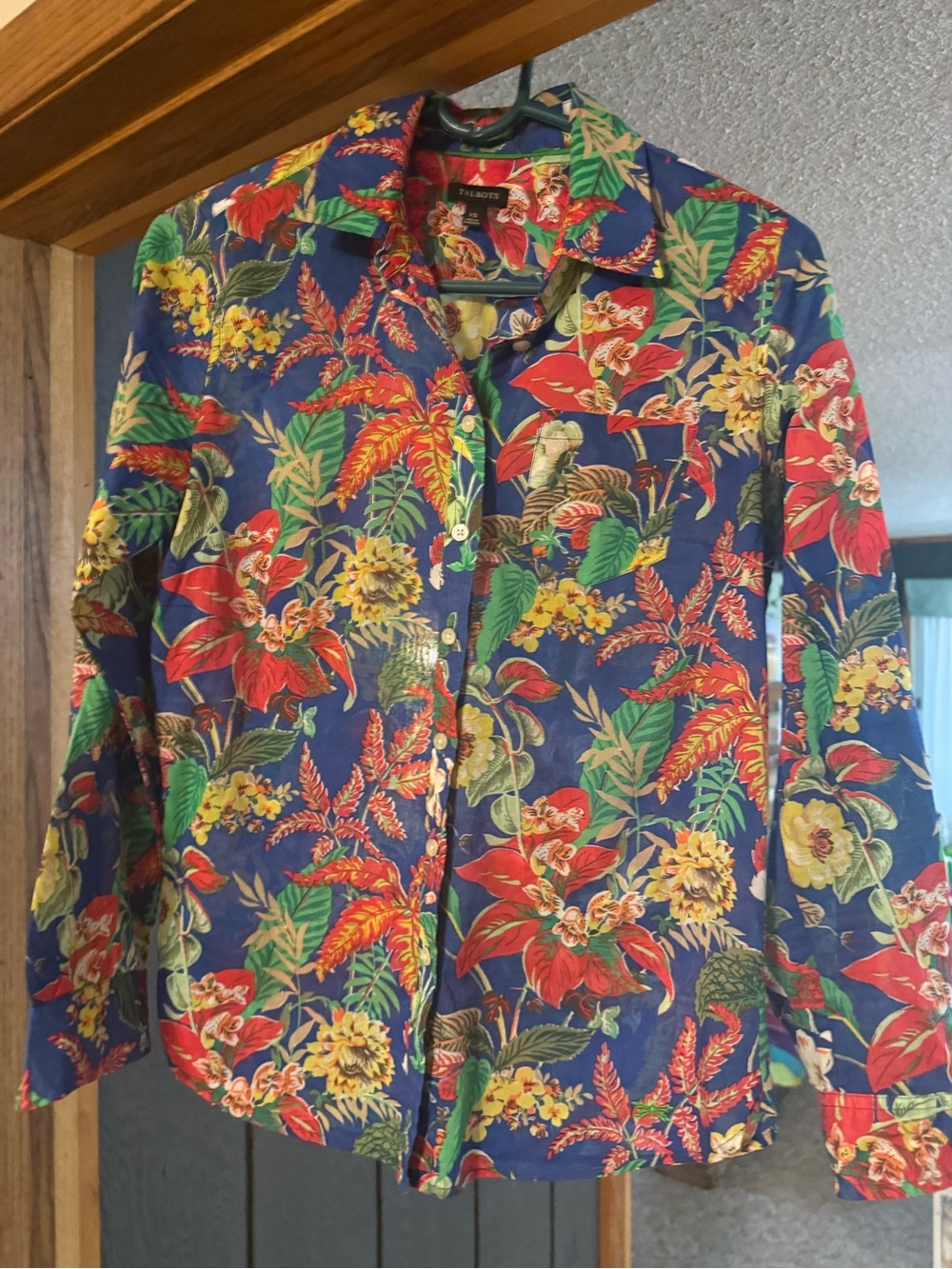 Talbots Floral Button-Down Shirt with Red & Green Accents